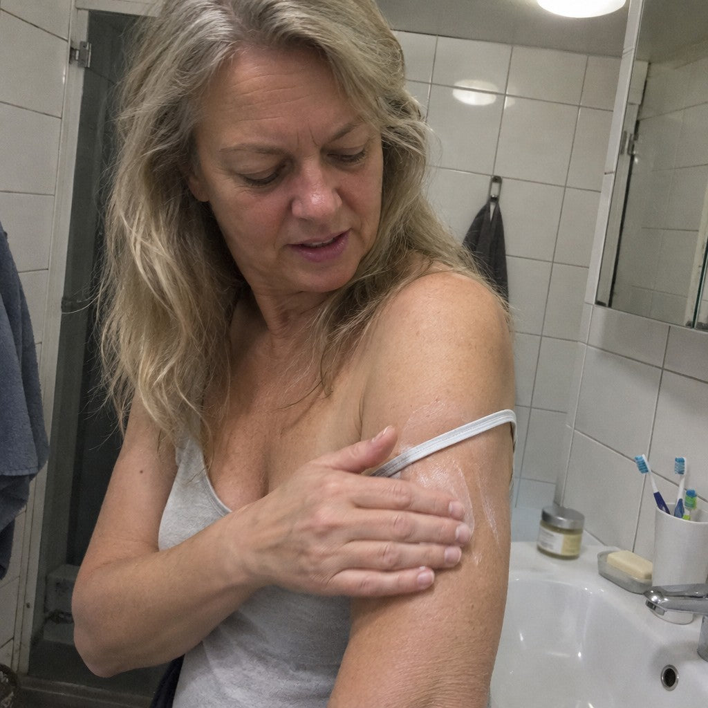 Kvinna applicerar Champagne Beauté Lift efter duschen